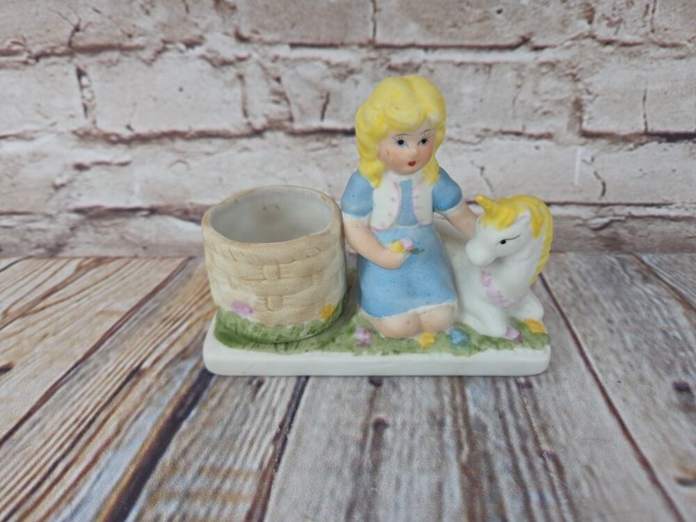 Vintage 1985 WA R.O.C. Bisque Porcelain Girl With Unicorn Figurine Candle Holder